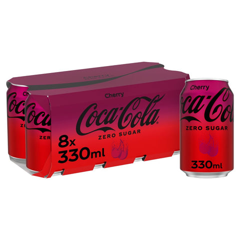 Coca-Cola Zero Sugar Cherry pack of 8x330ml, best before 31/12/25, no original packaging, cans may come slightly dented