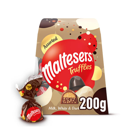 Maltesers Assorted Truffles White Dark & Milk Chocolate Gift Box 200g, best before 9/03/25, scruffy box