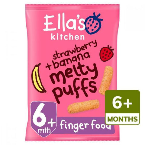Ella's Kitchen Organic Strawberry & Banana Melty Puffs Baby Snack 6+ Mths 20g - Best Before 01/25 -scuffy bag