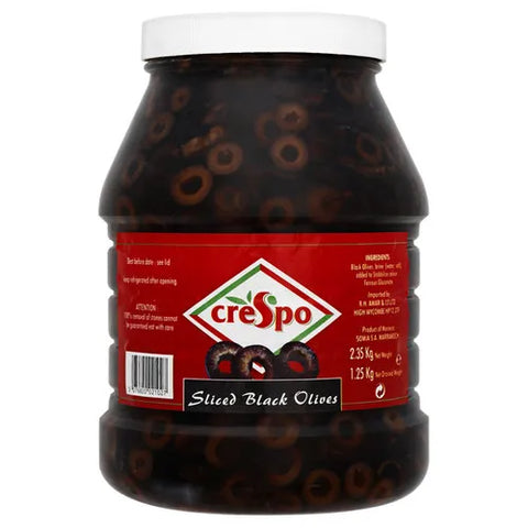 Crespo Sliced Black Olives 2.35kg  - best before 18/09/26- slightly dirty -(ref T10-3)