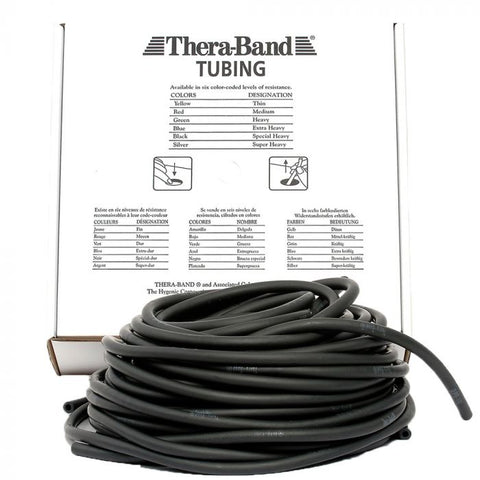 Theraband tubing black , special heavy, 100 feet / 48m. Damaged box, product has been leaked on by a cleaning product and discoloured as a result