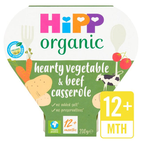 HiPP Organic Vegetable & Beef Casserole 230g best before 13/02/25, slightly dented label