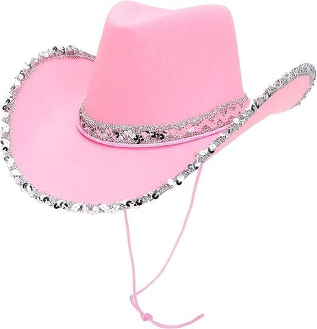 Pink Cowboy Hat with Silver Sequin Trim, New but slightly bent on the front or back 38cm (15")