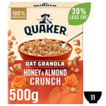 Quaker Oat Honey & Almond Granola Cereal 500g - best before 04/05/25, damaged box, still sealed