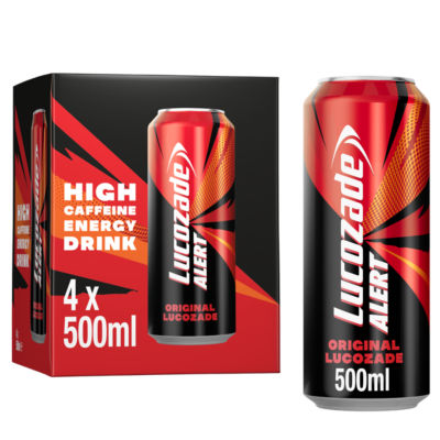 Lucozade Alert Energy Drink Original 4 x 500ml pack- best before 09/24- pack may come damaged and taped, cans may come dented