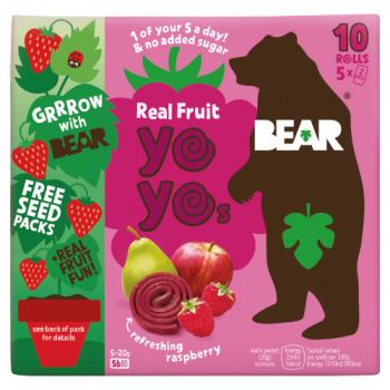 Bear Real fruit yoyos Refreshing Raspberry 5 x 20g- some slighyly scuffy pack- best before 01/25- (Ref E132)
