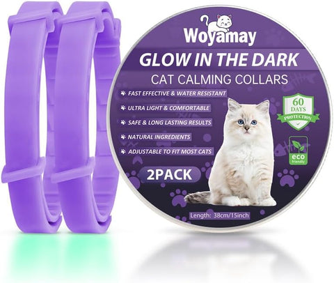 Woyamay Calming Collar for Cats, Luminous Safety Glow, 2 Pack, Purple, damaged packaging