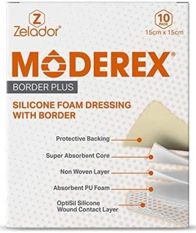 Moderex Silicone PU Foam Dressing with Border (10x10cm x 10), dented box