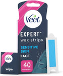 Veet Expert Facial Wax Strips for Women, 40 Count + 4 Finish Wipes, expiry 05/27, damaged box