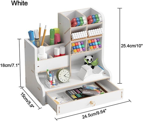 Updated Wooden Desk Organiser with Drawer, Large Capacity Stationery Storage Box White- new but open/scruffy box