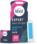 Veet Expert Sensitive Waxing Strips, 20 Cold Wax Strips + 4 Finish Wipes-expiry date 06/27 scruffy box