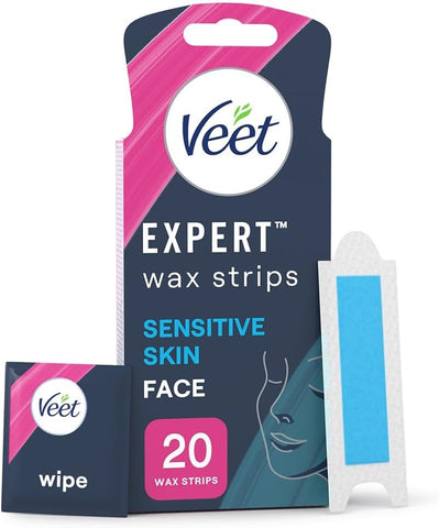 Veet Expert Sensitive Waxing Strips, 20 Cold Wax Strips + 4 Finish Wipes-expiry date 06/27 scruffy box