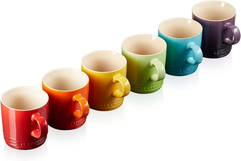 Le Creuset Stoneware Rainbow Coffee Mugs, 350 ml (5 mugs only ) Cerise, Teal, Ultra Violet, Soleil, Palm- new but open box