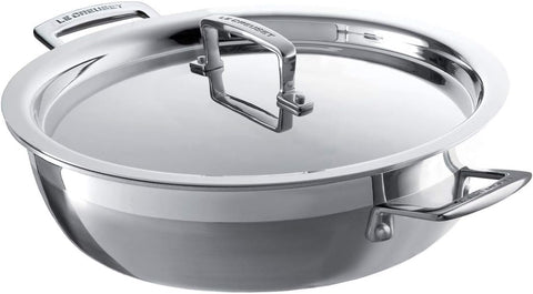 Le Creuset 3-Ply Stainless Steel Shallow Casserole with Lid, 26 x 7.5 cm, Silver- new but some finger marks, opened box