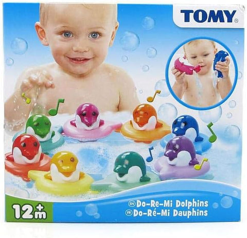 Toomies Do Re Mi Dolphins Baby Bath Toy, new but 3 dolphins are missing, open, scruffy box