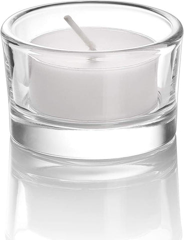 Set of 12 Clear Glass Tealight Candle Holders, 4.5cm x 2.5cm, condition new- open box