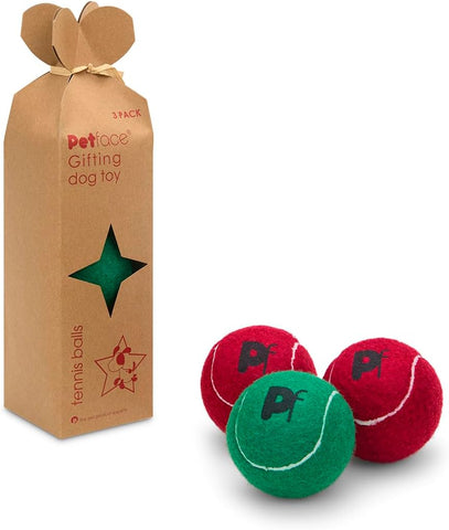 Petface Squeaky Tennis Balls for Dogs in Christmas Kraft Box (Pack of 3)- slight damaged pack and taped
