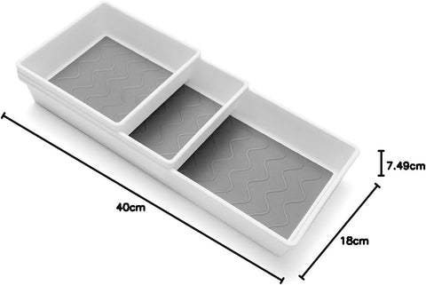 Addis  Premium Tidy Drawer Soft Base Storage Boxes, White Grey, 18 x 40 x 7.5 cm- new but smallest box is missing, dust marks