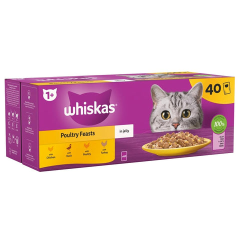 WHISKAS - 1+ Adult Wet Cat Food Pouches - 40 x 85 g - Poultry Selection - best before 31/10/25
