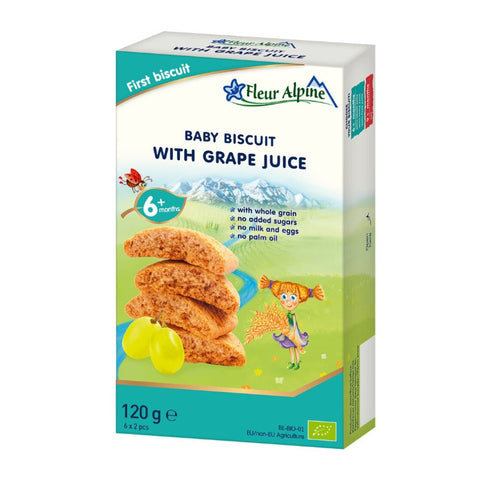 Fleur Alpine Baby Biscuits With Grape Juice 120g, best before 05/08/24, slightly dirty pack