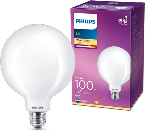Philips LED Premium Frosted Globe G120 Light Bulb E27 Edison Screw 10.5W - 100W Equivalent, Warm White (2700K) new in original box, scruffy box