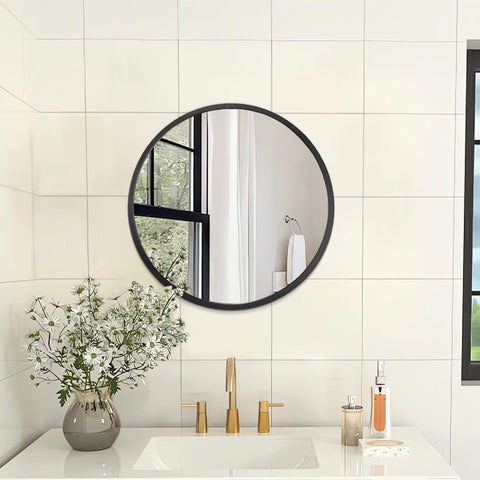 AOAOPQ Black Round Mirror Matte Frame Anti Rust Hangs Horizontal Tempered Glass- new but a defect under glass does not affect use