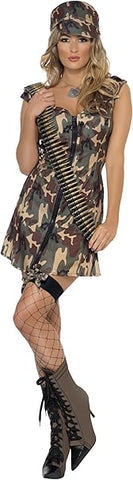 Smiffys Army Girl Costume, Camouflage with Dress & Hat, size M, new, open, packaging