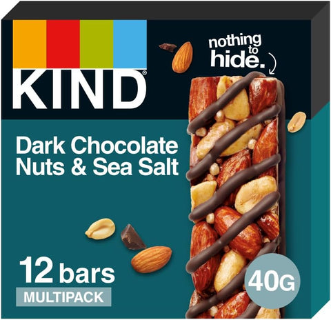 kind bars , dark chocolate nuts and sea salt , 12x40gm , best before 29/03/25- scruffy box