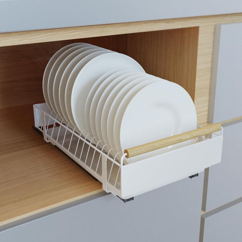 Pull-Out White Dish Drying Rack for 13 Plates, Metal Dish Drainer Rack with Drip Tray- new but open box