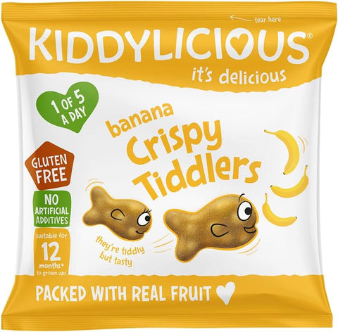 Kiddylicious Banana Crispy Tiddlers 12+ Months,  16 x 12g, best before 08/25, no original box, scruffy packs, slightly dirty