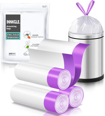 INNKGLE 27 Bin Bags 30-50L Bin Liners White Drawstring Biodegradable Trash Bags 60x70cm,  new but scruffy packaging