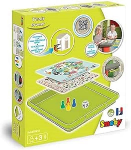 smoby drawer , compatible with smoby picnic table , includes 4 games , new condition , damaged box