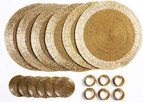 Penguin Home Handcrafted Glass Beaded Round Placemats, Coasters & Napkin Rings Set of 18- 32 cm Diameter (Gold) New but broken open box