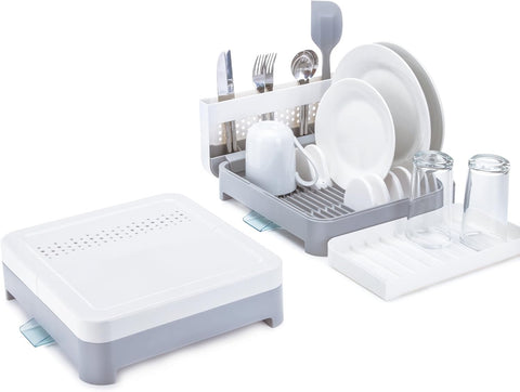 Minky Foldaway Dish Rack With Drainage Spout, Removable Plate Racks & Cutlery Holder White- used acceptable, open scruffy box