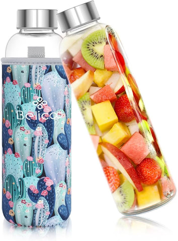 BELICOO BPA-Free Glass Water Bottle 550ml/18oz with Neoprene Carrying Sleeve and Nylon Bottle Brush (Cactus), new, open/scruffy box