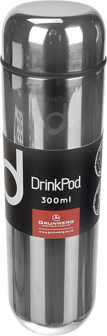 Drinkpod Vacuum Insulated Flask, mirrored finish, 300ml, New but small dent & scratch on the lid top edge, fingermarks, scruffy box