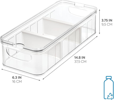 iDesign Fridge box, large BPA free plastic storage box- clear - new but open packaging/ one divider missing