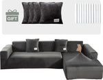 Topchances Velvet Sofa Covers L-Shaped 3+3 Seats, Dark Grey, condition new, scruffy packaging