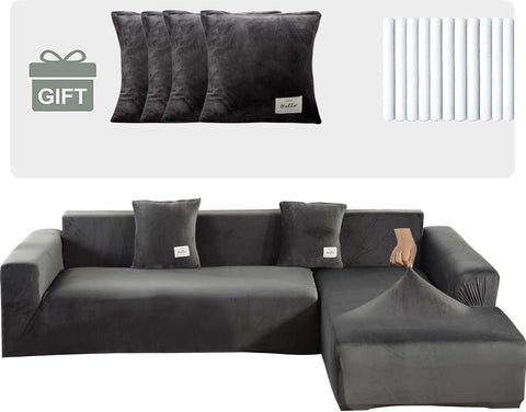 Topchances Velvet Sofa Covers L-Shaped 3+3 Seats, Dark Grey, condition new, scruffy packaging