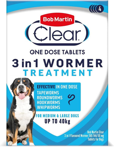 Bob Martin Clear 3-in-1 Wormer for Dogs (4 Tablets) - For Medium and Large Dogs up to 40kg- expiry end 02/29