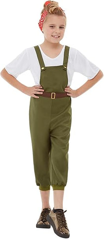 Smiffys WW2 Little Land Girl Costume, Green with Top, Dungarees & Headscarf , new , open packaging , size 7-9 years old