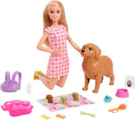 Barbie Doll and Pets Playset, Blonde Barbie Doll with Mommy Dog and 3 Puppies, new but broken/scruffy packaging