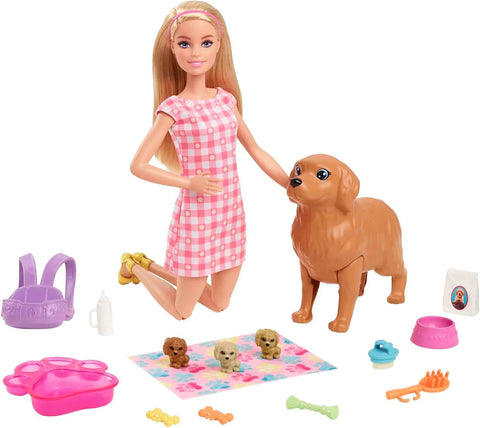 Barbie Doll and Pets Playset, Blonde Barbie Doll with Mommy Dog and 3 Puppies, new but broken/scruffy packaging