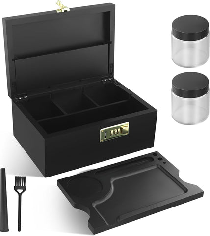 QCXWCJWD Large Bamboo Box with Combination Lock, 2 Jar & Brush Rolling Tray Set (BLACK) new but missing original packaging, sticky marks on top