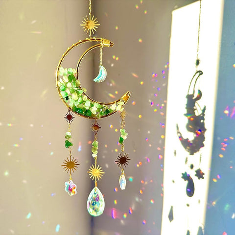 Cnwinu Crystal Suncatcher, Gold Moon Catchers Hanging with Chain Pendant Ornament (Hourglass Moon Green) New but one very small chip on the cristal moon, scruffy box