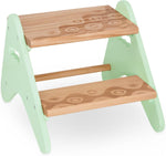 B. spaces Peek-A-Boost Wooden Step Stool, condition new, open box, no instructions, small marks on one of the steps