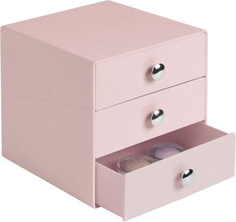 iDesign Makeup Organiser with Three Drawers, Sturdy Plastic Storage Box Pink- new but top corner split