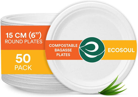 50 x ECO SOUL Pearl White Round 15cm(6") Bagasse Plates, 100% Compostable