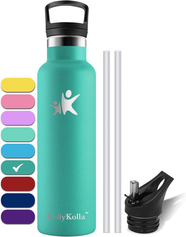 KollyKolla Stainless Steel Drinking Bottle, 750 ml, condition new but straw lid and straws missing, scruffy box