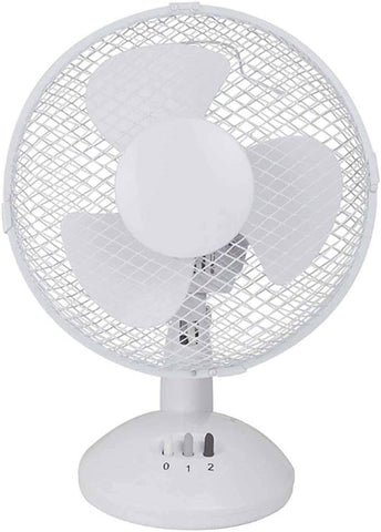 Status Desk Fan, 9 Inch Oscillating Portable Fan, white, new but fan guard is mishapened, scruffy box